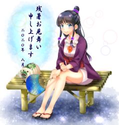 Rule 34 | 1girl, maya fey, black hair, blue eyes, closed mouth, ace attorney, hair ornament, half updo, hand fan, highres, japanese clothes, jewelry, long hair, looking at viewer, magatama, necklace, sasazato (katagakoru), smile, solo