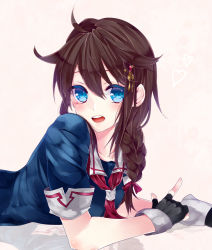 Rule 34 | 10s, 1girl, ahoge, bad id, bad pixiv id, black hair, blue eyes, braid, gloves, hair ornament, hair over shoulder, hairclip, kantai collection, long hair, lying, on stomach, open mouth, personification, rukito, school uniform, serafuku, shigure (kancolle), single braid, smile, solo, white background