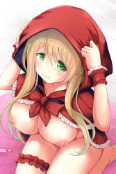 Rule 34 | 1girl, arms up, blonde hair, breasts, bridal garter, brown hair, cape, commentary request, female focus, green eyes, hands on own head, highres, hood, large breasts, little red riding hood, little red riding hood (grimm), long hair, naked cape, naked hood, nipples, nude, original, puffy nipples, red cape, red hood, shin&#039;ya koujou, sitting, solo, tears