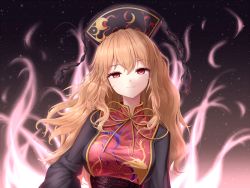 Rule 34 | 1girl, aura, black dress, blonde hair, chinese clothes, commentary, dress, hat, junko (touhou), long hair, long sleeves, looking at viewer, minust, red eyes, sash, sky, smile, solo, star (sky), starry sky, tabard, tassel, touhou, upper body, wavy hair