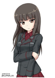 Rule 34 | 10s, 1girl, aged down, arm grab, black jacket, blunt bangs, brown eyes, brown hair, closed mouth, commentary, dress shirt, flipper, frown, girls und panzer, jacket, kuromorimine military uniform, long hair, long sleeves, looking at viewer, military, military uniform, nishizumi shiho, one-hour drawing challenge, pleated skirt, red shirt, red skirt, shirt, simple background, skirt, solo, standing, straight hair, twitter username, uniform, upper body, white background