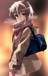 Rule 34 | 1girl, artist name, bag, blurry, blurry background, bow, brown coat, brown eyes, coat, commentary request, cowboy shot, from side, glasses, highres, holding, holding bag, kuuma25 kuma, long sleeves, looking at viewer, nagato yuki, parted lips, pink scarf, purple hair, red bow, scarf, school bag, short hair, solo, standing, strap, suzumiya haruhi no shoushitsu, suzumiya haruhi no yuuutsu, twitter username, watermark