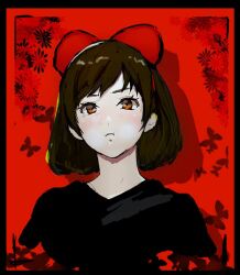 Rule 34 | 1girl, black border, border, bow, brown eyes, brown hair, bug, butterfly, commentary request, hair bow, inoitoh, insect, kiki (majo no takkyuubin), majo no takkyuubin, portrait, pout, puffy cheeks, red background, solo