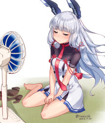 Rule 34 | 1girl, blunt bangs, breasts, closed eyes, dated, dress, electric fan, floating headgear, grey hair, hair ribbon, headgear, highres, izumikuma, kantai collection, long hair, murakumo (kancolle), murakumo kai ni (kancolle), necktie, one-hour drawing challenge, pantyhose, unworn pantyhose, red necktie, ribbon, sidelocks, simple background, small breasts, solo, tress ribbon, twitter username, white background, white dress