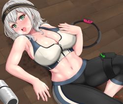 Rule 34 | 1girl, alternate costume, armpits, bare arms, bare shoulders, bike shorts, black shorts, blush, breasts, breath, cleavage, collarbone, fingernails, green eyes, hand on own chest, headband, highres, hololive, joy-con, kei2b, large breasts, lying, medium hair, midriff, mole, mole on breast, navel, nintendo switch, open mouth, ring-con, ring fit adventure, shirogane noel, shorts, silver hair, solo, sports bra, sweat, teeth, tongue, twitter username, upper teeth only, virtual youtuber, wooden floor, zipper, zipper pull tab