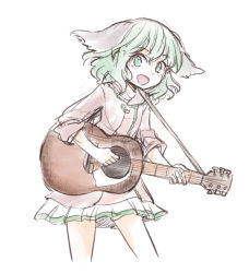 Rule 34 | 1girl, :d, animal ears, blush, commentary request, dog ears, dress, green eyes, green hair, guitar, instrument, kasodani kyouko, naegi (naegidokoro), open mouth, pink dress, short hair, simple background, smile, solo, touhou, wavy hair, white background