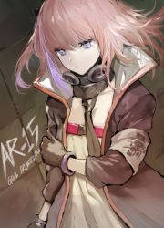 Rule 34 | 1girl, black gloves, black necktie, character name, closed mouth, copyright name, floating hair, girls&#039; frontline, gloves, holding own arm, jacket, long hair, multicolored hair, necktie, one side up, open clothes, open jacket, pink hair, purple eyes, purple hair, rushi (bloodc), solo, st ar-15 (girls&#039; frontline), streaked hair, upper body