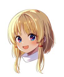 Rule 34 | 1girl, :d, ai-assisted, blonde hair, blue eyes, blush, check commentary, commentary, commentary request, hair ribbon, highres, looking at viewer, moriya suwako, nora wanko, open mouth, portrait, red ribbon, ribbon, short hair, sidelocks, simple background, smile, solo, touhou, turtleneck, white background