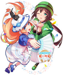 Rule 34 | 2girls, akikawa yayoi (umamusume), animal, animal on head, anniversary, banned artist, bass clef, beamed eighth notes, blowing kiss, blue eyes, blue flower, blue footwear, blue jacket, blue rose, bowler hat, brown hair, cat, cat on head, coat, confetti, cropped jacket, dress, eighth note, fang, floating hair, flower, folding fan, full body, green coat, green eyes, green footwear, green headwear, hand fan, hat, hayakawa tazuna, holding, holding fan, jacket, kittysuit, loafers, long hair, looking at viewer, multiple girls, musical note, nacht (nacht 01), nontraditional playboy bunny, on head, one eye closed, open mouth, orange hair, rose, shoes, skin fang, socks, strappy heels, umamusume, white dress