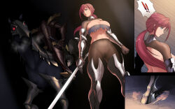 Rule 34 | !, !!, armor, armored boots, blue eyes, boots, breasts, gauntlets, gloves, headless, highres, horse, knight, large breasts, long hair, original, ponytail, red hair, sword, thigh boots, uns (sdsxsoverlord), weapon