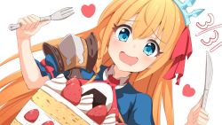 Rule 34 | 1girl, :d, ame., armor, ascot, blue eyes, blush, braid, cake, commentary request, dated, drooling, dutch angle, food, fork, fruit, hair between eyes, hair ribbon, heart, holding, holding fork, holding knife, knife, long hair, mouth drool, onigiri, open mouth, orange hair, pauldrons, pecorine (princess connect!), princess connect!, puffy short sleeves, puffy sleeves, red ascot, red ribbon, ribbon, short sleeves, shoulder armor, side braid, simple background, single braid, single pauldron, smile, solo, strawberry, tiara, white background