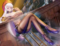 Rule 34 | 1girl, azur lane, bad id, bad pixiv id, bare shoulders, belfast (azur lane), belfast (shopping with the head maid) (azur lane), beret, black footwear, black pantyhose, black skirt, blush, breasts, brown sweater, collarbone, crossed legs, cup, earrings, full body, gosama, hand on own chin, hat, high heels, highres, holding, holding cup, hoop earrings, jewelry, large breasts, long hair, looking down, off-shoulder sweater, off shoulder, official alternate costume, open mouth, pantyhose, purple eyes, silver hair, skirt, solo, sweater, very long hair