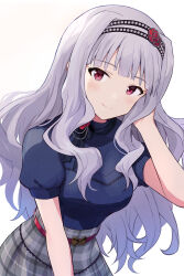 Rule 34 | 1girl, absurdres, black shirt, blunt bangs, commentary request, grey hair, hairband, highres, idolmaster, idolmaster (classic), long hair, looking at viewer, plaid, plaid skirt, puffy short sleeves, puffy sleeves, red eyes, shijou takane, shirt, short sleeves, shuucream (syuichi), skirt, smile, solo, upper body, white background