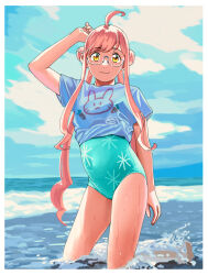 Rule 34 | 1girl, adapted costume, ahoge, animal print, aqua-framed eyewear, aqua one-piece swimsuit, blue-framed eyewear, blue shirt, blue sky, casual one-piece swimsuit, cloud, day, double bun, glasses, hair bun, highres, kantai collection, long hair, looking at viewer, makigumo (kancolle), ocean, official alternate costume, ojipon, one-piece swimsuit, outdoors, pink hair, rabbit print, shirt, sky, solo, star (symbol), star print, swimsuit, twintails, wading, water, yellow eyes