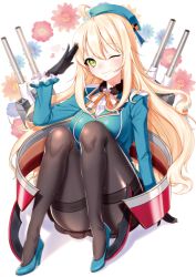 Rule 34 | 10s, 1girl, ahoge, arm support, atago (kancolle), beret, black gloves, black pantyhose, blonde hair, blue footwear, bow, breasts, female focus, floral background, frills, full body, garter straps, gloves, green eyes, hat, high heels, kantai collection, large breasts, long hair, long sleeves, one eye closed, pantyhose, salute, seo, smile, solo, thighband pantyhose, uniform