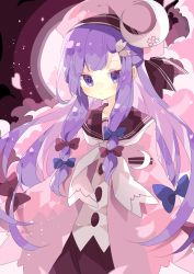 Rule 34 | 1girl, adapted costume, blue bow, bow, capelet, cherry blossom print, cherry blossoms, crescent, crescent hair ornament, dress, floral print, hair bow, hair ornament, hairclip, highres, long hair, nikorashi-ka, patchouli knowledge, pink headwear, purple eyes, purple hair, red background, red bow, red dress, sailor collar, shirt, solo, touhou, upper body, white neckwear, white shirt