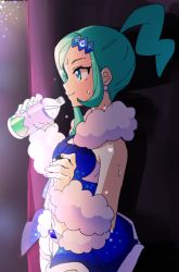 Rule 34 | 1girl, ankea (a-ramo-do), arm warmers, asymmetrical hair, bare shoulders, bottle, closed mouth, commentary request, creatures (company), earrings, eyelashes, from side, game freak, green eyes, green hair, hair ornament, highres, holding, holding bottle, idol, jewelry, lisia (pokemon), long hair, nintendo, pokemon, pokemon oras, ponytail, shorts, shorts under skirt, showgirl skirt, sidelocks, smile, solo, sweat, water bottle