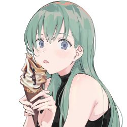 Rule 34 | 1girl, bare shoulders, black shirt, blue eyes, blush, chocolate syrup, food, green hair, highres, holding, holding food, ice cream, ice cream cone, kantai collection, long hair, looking at viewer, osu5i, shirt, simple background, soft serve, solo, suzuya (kancolle), tongue, tongue out, wafer stick, white background