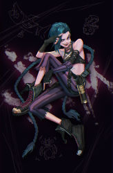 Rule 34 | 1girl, absurdres, arcane: league of legends, arcane jinx, bare shoulders, black background, black pants, blue hair, braid, brown footwear, brown gloves, cloud tattoo, detached sleeves, explosive, fingerless gloves, full body, gloves, green hair, grenade, gun, highres, holster, jinx (league of legends), league of legends, long hair, looking at viewer, pants, pink pants, rocket launcher, shoes, smile, solo, stomach, striped clothes, striped pants, teeth, torn clothes, torn pants, upper teeth only, wansseu (wan), weapon