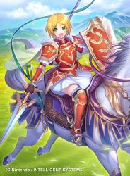 Rule 34 | 1girl, amelia (fire emblem), animal, arm guards, armor, armored boots, blonde hair, blue sky, blush, boots, cape, cloud, cloudy sky, commentary request, company connection, copyright name, day, fingerless gloves, fire emblem, fire emblem: the sacred stones, fire emblem cipher, frills, gloves, green eyes, highres, horse, horseback riding, kh kyo hibiki, looking at viewer, nintendo, official art, open mouth, outdoors, polearm, riding, shield, short hair, shoulder armor, skirt, sky, smile, spear, weapon, white skirt