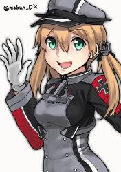 Rule 34 | 1girl, anchor hair ornament, aqua eyes, blonde hair, gloves, hair ornament, hat, kantai collection, long hair, looking at viewer, low twintails, maakun (makun dx), military, military hat, military uniform, one-hour drawing challenge, peaked cap, prinz eugen (kancolle), simple background, solo, twintails, twitter username, uniform, white background, white gloves