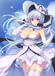 Rule 34 | azur lane, blue eyes, blush, breasts, dress, gloves, hat, highres, illustrious (azur lane), large breasts, long hair, sky, twintails, white hair