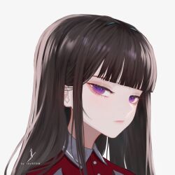Rule 34 | 1girl, artist name, black hair, blunt bangs, buttons, close-up, closed mouth, collared shirt, commentary, english commentary, highres, long hair, looking at viewer, original, portrait, purple eyes, red shirt, shirt, sidelocks, signature, simple background, solo, thehprm, white background