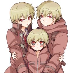 Rule 34 | 10s, 3boys, age comparison, aged down, bad id, bad pixiv id, blonde hair, blush stickers, boy sandwich, chuck (katakori344), coat, danganronpa (series), danganronpa 3 (anime), izayoi sounosuke, locked arms, looking at viewer, looking away, male focus, multiple boys, multiple persona, necktie, open mouth, red coat, red eyes, red necktie, sandwiched, school uniform, short hair, simple background, white background