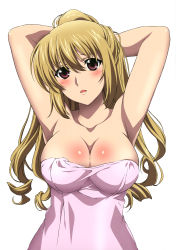 Rule 34 | 10s, 1girl, :d, absurdres, aiba asagi, armpits, arms behind head, arms up, blonde hair, blush, breasts, brown eyes, cleavage, collarbone, hair between eyes, head tilt, high ponytail, highres, large breasts, long hair, looking at viewer, naked towel, official art, open mouth, pink towel, shiny skin, simple background, smile, solo, strike the blood, topless, towel, upper body, white background
