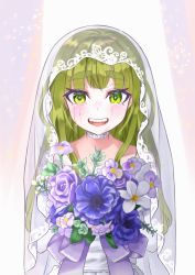 Rule 34 | 1girl, bouquet, bridal veil, chanraykotomine, choker, commentary request, crying, crying with eyes open, dress, flower, green eyes, green hair, highres, holding, holding bouquet, long hair, looking at viewer, original, osanai (shashaki), sharp teeth, smile, tears, teeth, thick eyebrows, veil, wedding dress, white choker, white dress
