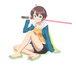 Rule 34 | 10s, 1girl, ahoge, bad id, bad pixiv id, barefoot, blush, breasts, brown hair, camisole, cleavage, energy sword, feet, full body, green eyes, highres, hood, hoodie, legs, lightsaber, looking at viewer, new game!, over shoulder, shinoda hajime, short hair, shorts, simple background, sitting, smile, soles, solo, souji kurokawa, sword, sword over shoulder, toes, toy, weapon, weapon over shoulder, white background