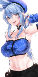 Rule 34 | 1girl, akchu, animal ears, armpits, bare shoulders, black skirt, blue hair, blue headwear, blue tank top, breasts, cleavage, glasses, highres, large breasts, long hair, looking at viewer, miniskirt, mole, mole on breast, navel, open mouth, orange eyes, original, rabbit ears, round eyewear, sidelocks, skirt, solo, spaghetti strap, stomach, tank top, toned, white background