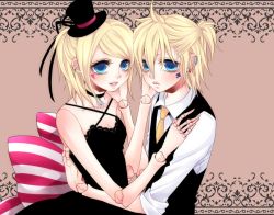 Rule 34 | 1boy, 1girl, aqua eyes, bad id, bad pixiv id, black dress, blonde hair, brother and sister, doll joints, dress, earrings, hat, heart, jewelry, joints, kagamine len, kagamine rin, mini hat, mini top hat, necktie, sakuragi mikan, short hair, siblings, smile, spade, top hat, twins, vocaloid, yellow necktie