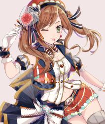 Rule 34 | 1girl, ;p, akym, alternate hairstyle, bang dream!, beige background, belt, bow, bowtie, breasts, brown hair, candy, center frills, cleavage, commentary request, detached collar, detached sleeves, food, frills, gloves, green eyes, hair ribbon, hat, holding, holding candy, holding food, holding lollipop, imai lisa, jewelry, lace-trimmed sleeves, lace trim, lollipop, long hair, looking at viewer, medium breasts, navel, necklace, one eye closed, red bow, red bowtie, red shorts, ribbon, shirt, shorts, simple background, solo, striped bow, striped bowtie, striped clothes, striped neckwear, striped ribbon, striped shorts, striped vest, thighhighs, tongue, tongue out, twintails, vertical-striped clothes, vertical-striped shorts, vertical-striped vest, vest, white gloves, white shirt, wrist cuffs