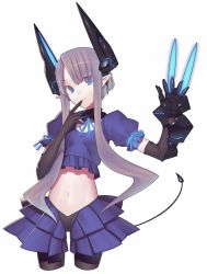 Rule 34 | 1girl, armor, asymmetrical bangs, bad id, bad pixiv id, blue eyes, claw (weapon), cowboy shot, cropped legs, detached collar, elbow gloves, elf, finger to mouth, flat chest, gauntlets, gloves, hair ornament, kanjy00u, long hair, midriff, navel, original, pantyhose, pointy ears, ribbon, robot ears, sidelocks, silver hair, slit pupils, smile, solo, tail, weapon