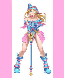 Rule 34 | 1girl, absurdres, bare shoulders, blonde hair, blue footwear, blue hat, blush stickers, boots, breasts, choker, dark magician girl, duel monster, full body, green eyes, hair between eyes, hat, highres, holding, holding wand, large breasts, long hair, looking at viewer, nail polish, pink background, quwrofsk8, smile, solo, staff, two-tone background, wand, white background, wizard hat, yu-gi-oh!, yu-gi-oh! duel monsters