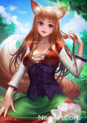Rule 34 | 1girl, animal ears, artist name, blue sky, brown eyes, brown hair, commission, day, dress, holo, leaf, long hair, looking at viewer, neoartcore, sky, smile, solo, spice and wolf, tree, watermark, web address, wolf ears
