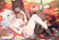 Rule 34 | 2girls, akizone, alcohol, animal ears, ankle boots, warrior of light (ff14), black dress, blanket, blue eyes, boots, bottle, breasts, brown hair, cat ears, cat tail, cleavage, commission, cup, dark-skinned female, dark skin, dress, drinking glass, final fantasy, final fantasy xiv, food, grass, green eyes, high heels, large breasts, leaf, long hair, lying, miqo&#039;te, multiple girls, on back, on side, original, outdoors, picnic basket, plunging neckline, short hair, silver hair, smile, tail, thigh boots, thighhighs, white dress, white footwear, white legwear, wine, wine bottle, wine glass