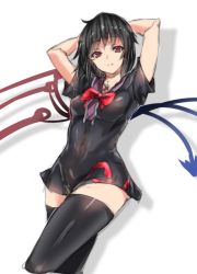 Rule 34 | 1girl, arms behind head, arms up, asymmetrical wings, bare arms, black dress, black hair, black thighhighs, bow, bowtie, breasts, covered navel, dress, head tilt, houjuu nue, looking at viewer, medium breasts, ototobe, red bow, red bowtie, short dress, short hair, simple background, sketch, smile, solo, thighhighs, touhou, white background, wings, zettai ryouiki