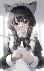 Rule 34 | 1girl, absurdres, animal ear fluff, animal ears, animal ears (norankkori), animal hands, animal nose, apron, black-framed eyewear, black bow, black bowtie, black dress, black hair, blunt bangs, blush, body fur, bow, bowtie, braid, cat ears, cat girl, claws, collared shirt, day, dress, fangs, female focus, frilled apron, frills, furry, furry female, glasses, grey background, grey fur, hair tie, hands up, happy, head tilt, highres, indoors, juliet sleeves, light particles, long hair, long sleeves, looking at viewer, maid, maid apron, maid headdress, open mouth, original, own hands together, pawpads, puffy sleeves, round eyewear, shirt, sidelocks, skin fangs, smile, solo, straight-on, twin braids, upper body, white apron, yellow eyes