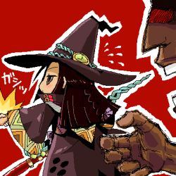 Rule 34 | 1boy, 1girl, atlus, black hair, blush, chibi, cloak, close-up, dark skin, doctor magus, etrian odyssey, faceless, faceless male, facial mark, from behind, hat, imminent rape, long hair, lowres, naughty face, oekaki, open mouth, outstretched arm, purple eyes, rope, sekaiju no meikyuu, sekaiju no meikyuu 2, simple background, sketch, staff, sweatdrop, wide sleeves, witch hat