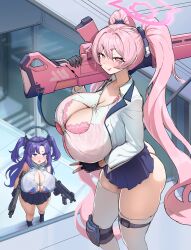 Rule 34 | + +, 2girls, :p, absurdres, aged up, alternate breast size, ass, black gloves, blue archive, blue eyes, blush, bra, breasts, button gap, dual wielding, fingerless gloves, gloves, gun, halo, highres, holding, huge breasts, jacket, knee pads, koyuki (blue archive), lace, lace bra, light machine gun, long hair, machine gun, microskirt, multiple girls, nasuta5mamma, open clothes, open jacket, over shoulder, paid reward available, pink bra, pink eyes, pink hair, purple hair, see-through, shirt, single knee pad, skirt, smile, submachine gun, thigh strap, thighhighs, tongue, tongue out, twintails, undersized clothes, underwear, v, very long hair, weapon, weapon over shoulder, white shirt, white thighhighs, yuuka (blue archive)