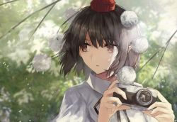 Rule 34 | 1girl, black hair, black ribbon, branch, brown eyes, camera, commentary, hat, highres, holding, holding camera, leaf, looking to the side, neck ribbon, parted lips, pointy ears, pom pom (clothes), puffy short sleeves, puffy sleeves, ribbon, shameimaru aya, shirt, short hair, short sleeves, solo, thkani, tokin hat, touhou, upper body, white shirt, wing collar