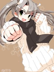 Rule 34 | 1girl, beige sweater, brown background, brown scarf, clenched hand, commentary request, foreshortening, green eyes, grey hair, kanoe soushi, kantai collection, long hair, one-hour drawing challenge, open mouth, ribbed sweater, round teeth, scarf, smile, solo, star (symbol), starry background, sweater, teeth, twintails, twitter username, upper body, upper teeth only, zuikaku (kancolle)