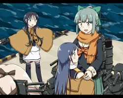 Rule 34 | 10s, 4girls, any (lucky denver mint), blue eyes, blue hair, bow, brown eyes, capelet, dressing, grey hair, hair bow, hair ornament, hair ribbon, harbor, higeno shinshi, high ponytail, kantai collection, letterboxed, long hair, low twintails, multiple girls, out of frame, outstretched arms, pink hair, ponytail, ribbon, samidare (kancolle), scarf, shirt, sleeveless, sleeveless shirt, smile, suzukaze (kancolle), turret, twintails, uniform, yura (kancolle), yuubari (kancolle)