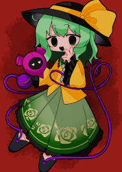 Rule 34 | 1girl, aoiuna, black footwear, black hat, bow, buttons, collared shirt, commentary request, diamond button, empty eyes, flat chest, floral print, frilled skirt, frilled sleeves, frills, full body, green eyes, green hair, green skirt, hat, hat bow, heart, heart of string, highres, komeiji koishi, long skirt, long sleeves, medium hair, open mouth, pleated skirt, red background, rose print, shirt, skirt, smile, solo, third eye, touhou, wide sleeves, yellow bow, yellow shirt