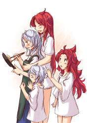 Rule 34 | 4girls, bottomless, breasts, child, cooking, family, female focus, frying pan, grabbing, grabbing another&#039;s breast, height difference, highres, hong meiling, if they mated, izayoi sakuya, lozelia, medium breasts, messy hair, mother and daughter, multiple girls, red hair, small breasts, touhou, white hair