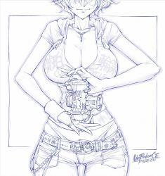 Rule 34 | 1girl, artist name, belt, breasts, cleavage, dated, denim, greyscale, head out of frame, highres, jacket, jeans, jewelry, large breasts, lita (unbalance), midriff, monochrome, necklace, original, pants, short hair, signature, thigh gap, thong, tomboy, unbalance