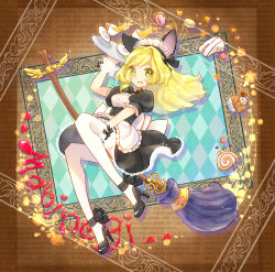 Rule 34 | 1girl, animal ears, argyle, argyle background, argyle clothes, player character (mabinogi), bad id, bad pixiv id, blonde hair, bridal garter, broom, broom riding, cake, cat ears, cup, cupcake, fang, food, framed, green eyes, high heels, legs, long hair, looking at viewer, mabinogi, macaron, maid, mumiri, shoes, solo, teacup, tray, wrist cuffs