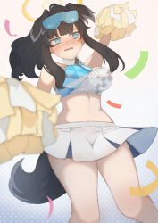 Rule 34 | 1girl, akacolor, animal ears, black hair, blue archive, blue eyes, blush, breasts, crop top, dog ears, dog girl, dog tail, facial mark, halo, hibiki (blue archive), hibiki (cheer squad) (blue archive), highres, holding, holding pom poms, long hair, medium breasts, millennium cheerleader outfit (blue archive), navel, official alternate costume, open mouth, pom pom (cheerleading), pom poms, skirt, solo, star (symbol), star facial mark, tail, white skirt, yellow halo